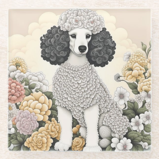 Poodle in Whimsikalen Blume Glasuntersetzer (Vorderseite)