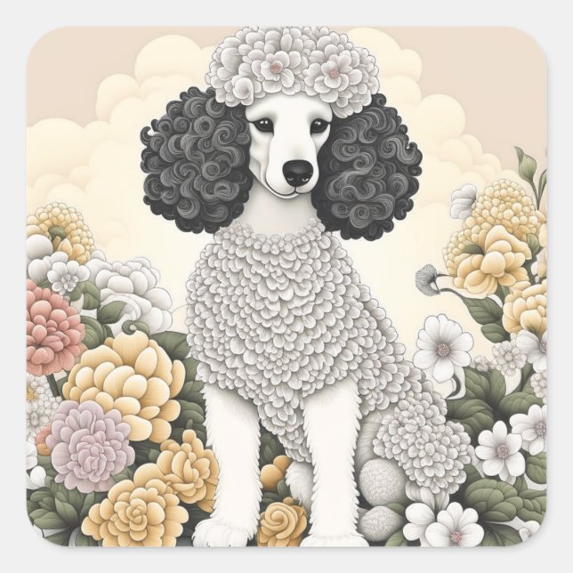 Poodle in Whimsikalen Blume Quadratischer Aufkleber (Vorderseite)