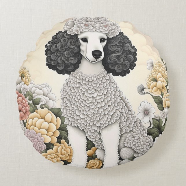 Poodle in Whimsikalen Blume Rundes Kissen (Vorderseite)