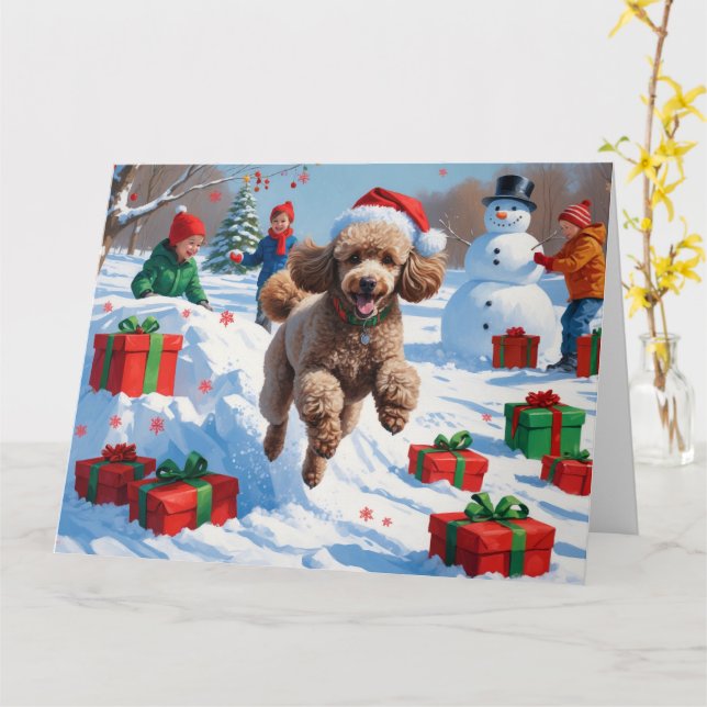 Poodle läuft im Schnee mit Weihnachtshut Karte (Gelbe Blume)