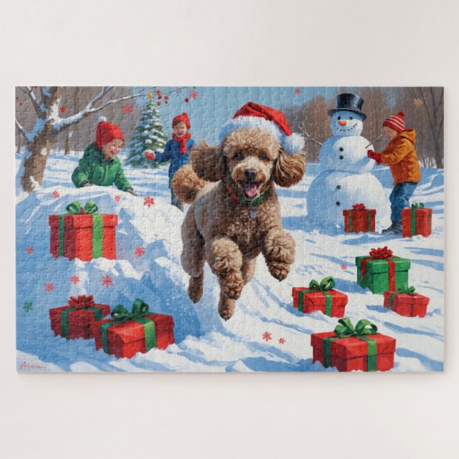 Poodle läuft im Schnee mit Weihnachtshut Puzzle (Horizontal)