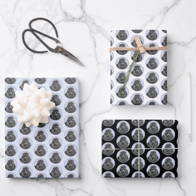 Poodle Malerei Miniaturspielzeug Schwarze Kunst Geschenkpapier Set (Vorderseite)