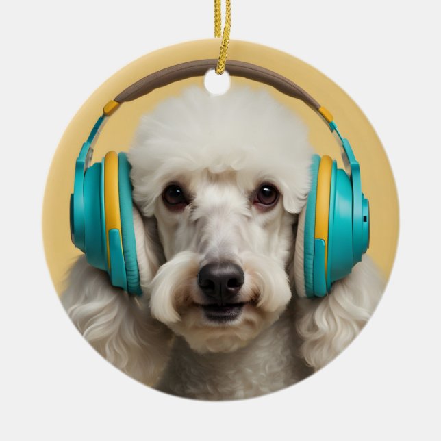 Poodle mit Kopfhörer Keramik Ornament (Vorne)