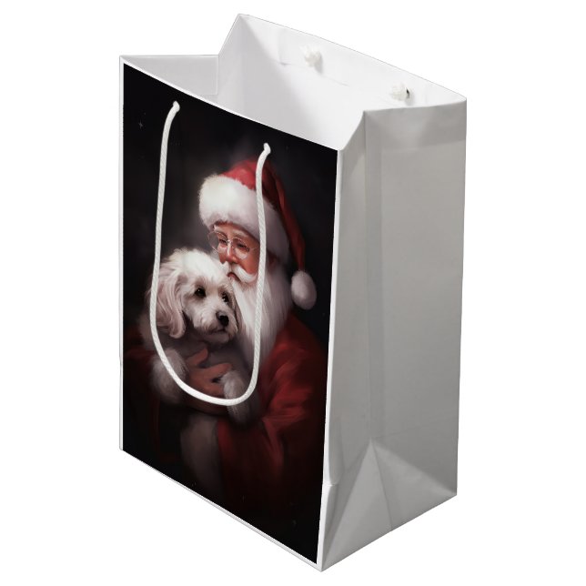 Poodle mit Weihnachtsmann Weihnachten Mittlere Geschenktüte (Vorderseite Schrägansicht)