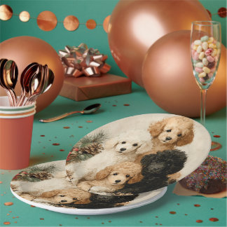 Poodle Puppies Vintage Christmas Pappteller