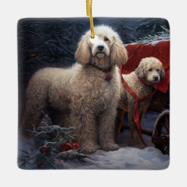 Poodle Snowy Sleigh Weihnachtsdekor Keramikornament (Vorderseite)