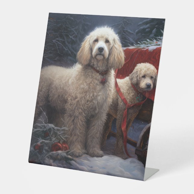 Poodle Snowy Sleigh Weihnachtsdekor Sockelschild (Vorderseite)