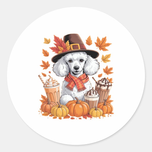 Poodle Thanksgiving Drinks Coffee Fall Leaves Pump Runder Aufkleber (Vorderseite)