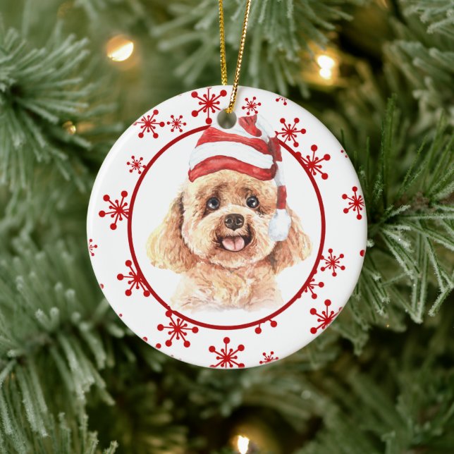 Poodle Weihnachtsmannmütze Roter Schneeflocken Keramik Ornament (Baum)