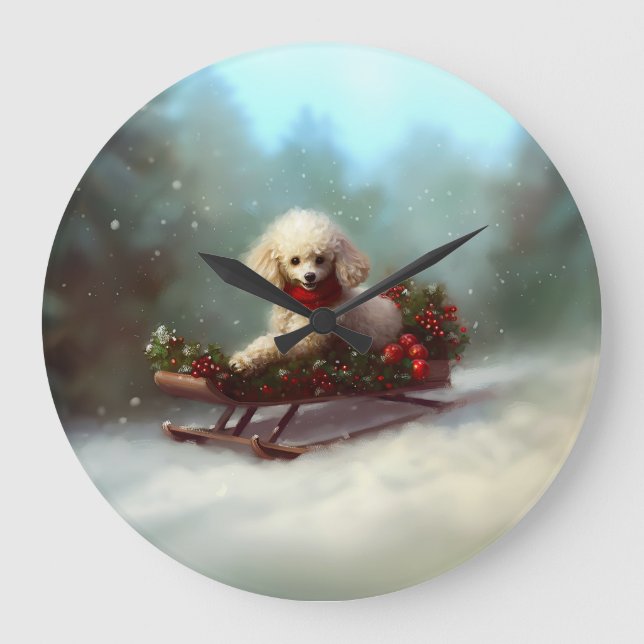 Poodle Weihnachtsschnee Winter Große Wanduhr (Vorderseite)
