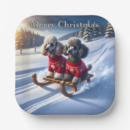 Poodles Sled Ride Christmas Pappteller