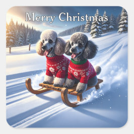 Poodles Sled Ride Christmas Quadratischer Aufkleber