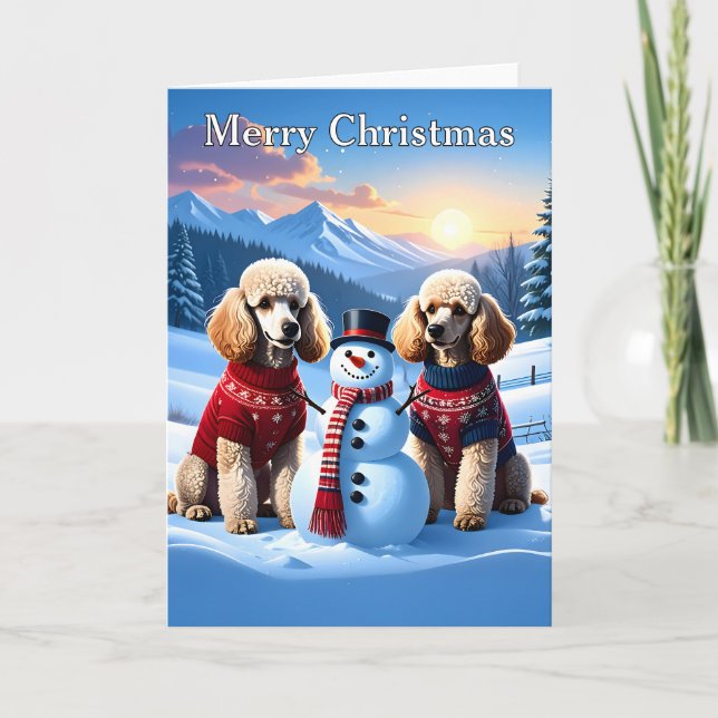 Poodles & Snowman Weihnachten Karte (Vorderseite)