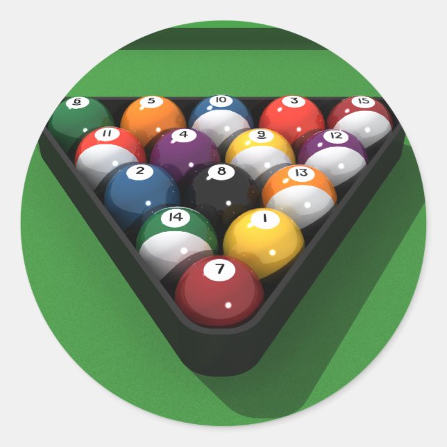 Pool-Bälle auf grünem Felt: Runder Aufkleber (Vorderseite)