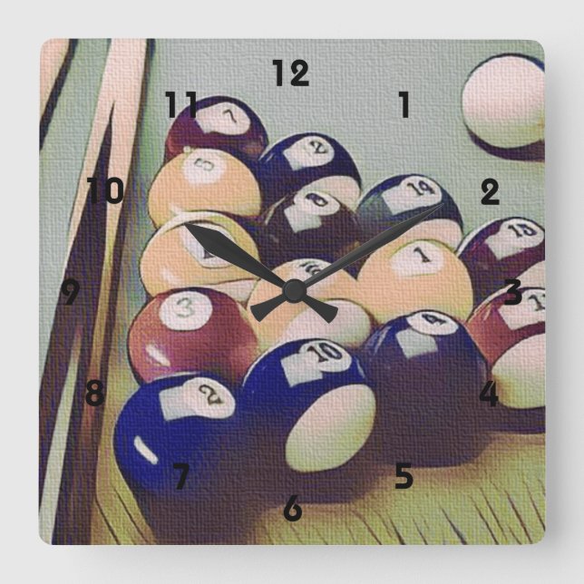 Pool Billiards Games Room Clock Quadratische Wanduhr (Vorderseite)