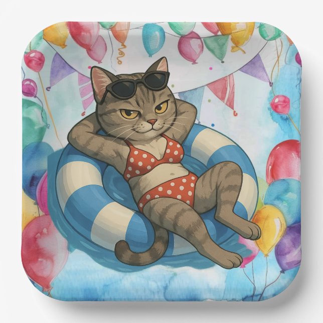 Pool Birthday Party for Cat Lovers  Pappteller (Vorderseite)