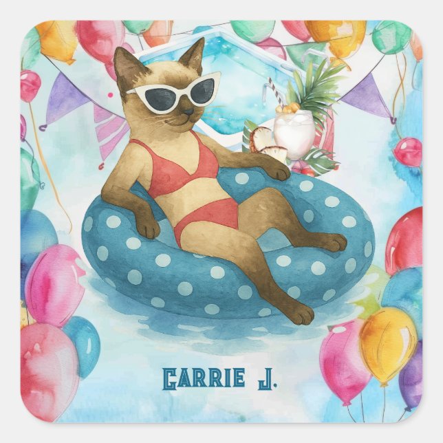 Pool Birthday Party for Cat Lovers   Quadratischer Aufkleber (Vorderseite)