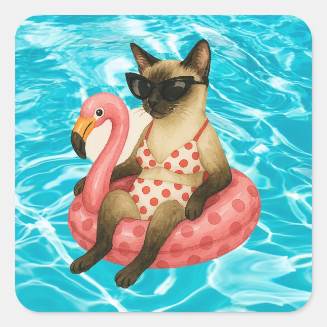 Pool Birthday Party for Cat Lovers  Quadratischer Aufkleber (Vorderseite)