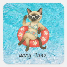 Pool Birthday Party for Cat Lovers with name Quadratischer Aufkleber