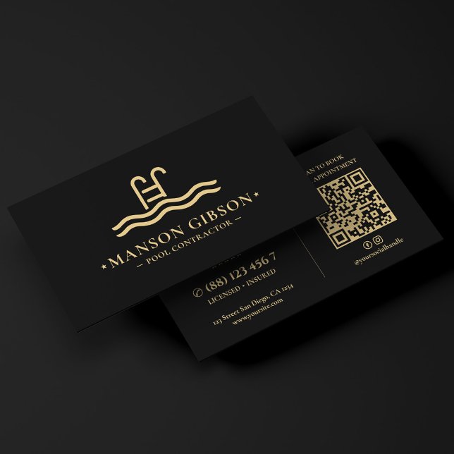 Pool Contractor Logo Schwarz Modern QR Code Visitenkarte (Pool Contractor Logo Black Modern QR Code Business Card
)