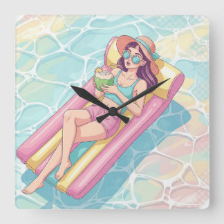 Pool Day Relaxing Girl Quadratische Wanduhr