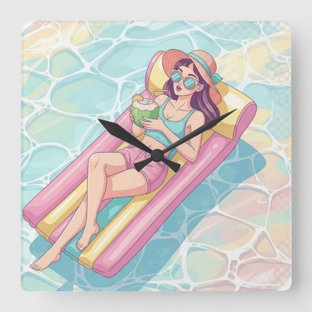 Pool Day Relaxing Girl Quadratische Wanduhr (Vorderseite)