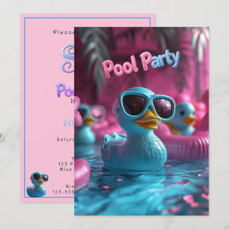 Pool Party Blaue Gummiente Pink Blau Glitter Text Einladung