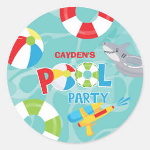 Pool Party Boy Birthday Shark Float Runder Aufkleber