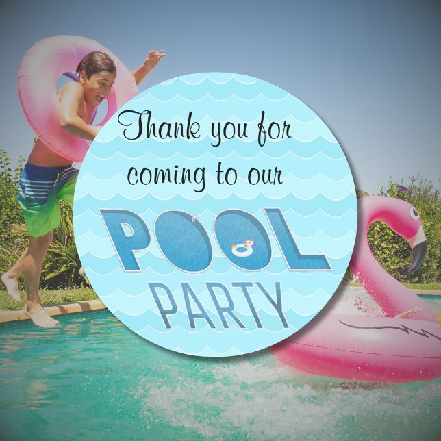 Pool Party Danke mit Einhorn Float Runder Aufkleber (cheerful unicorn float pool party thank you)