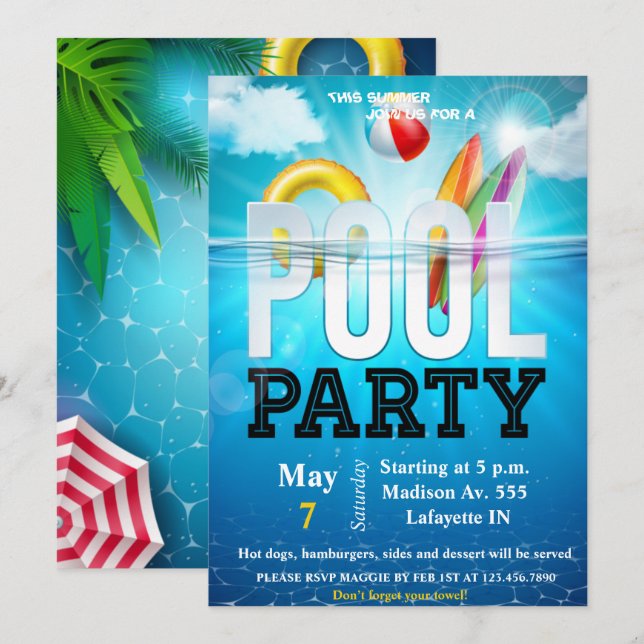 Pool-Party Einladung (Vorne/Hinten)
