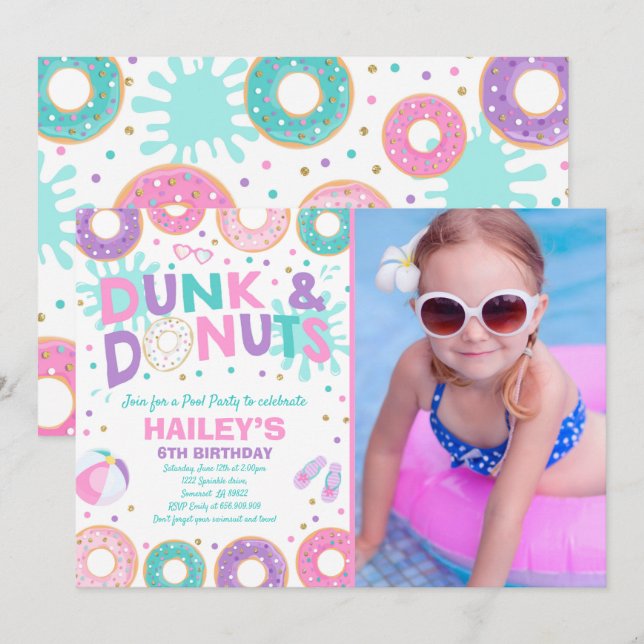 Pool Party Einladung Dunk und Donuts Pool Party (Vorne/Hinten)