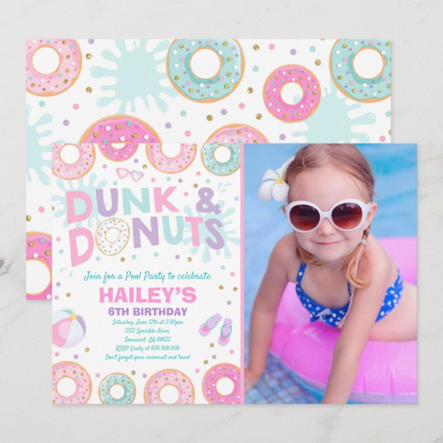 Pool Party Einladung Dunk und Donuts Pool Party (Vorne/Hinten)