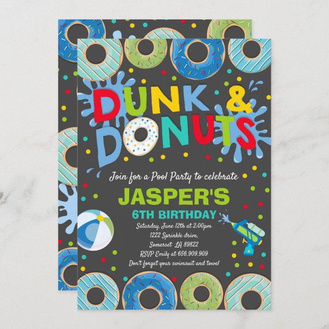 Pool Party Einladung Dunk und Donuts Pool Party (Vorne/Hinten)