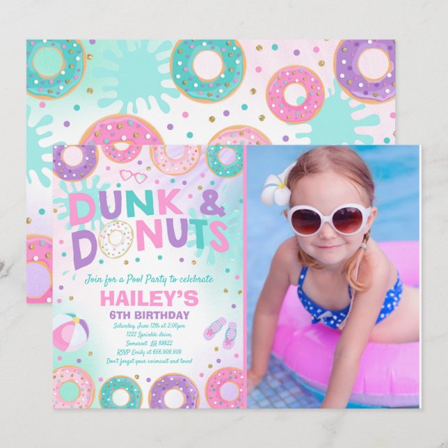 Pool Party Einladung Dunk und Donuts Pool Party (Vorne/Hinten)