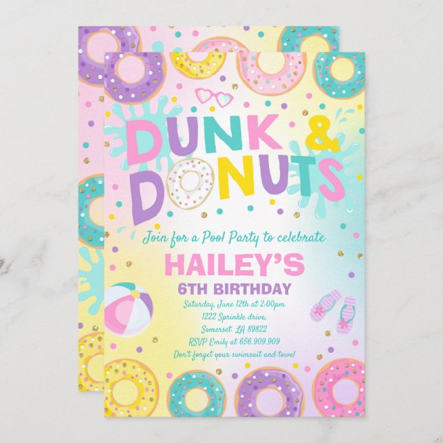 Pool Party Einladung Dunk und Donuts Pool Party (Vorne/Hinten)