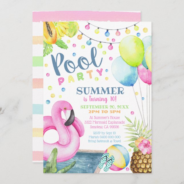 Pool Party Einladung Girl Flamingo (Vorne/Hinten)