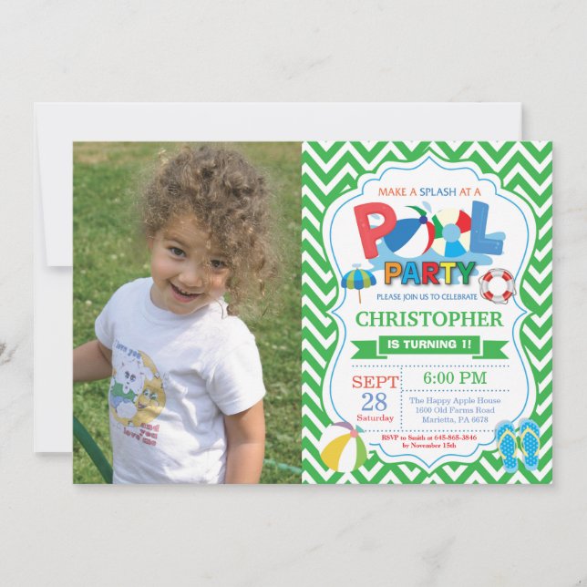 Pool Party Einladung Green Splish Splash Boy (Vorderseite)