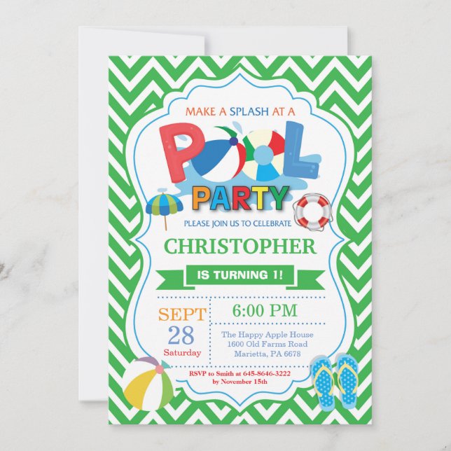 Pool Party Einladung Green Splish Splash Boy (Vorderseite)