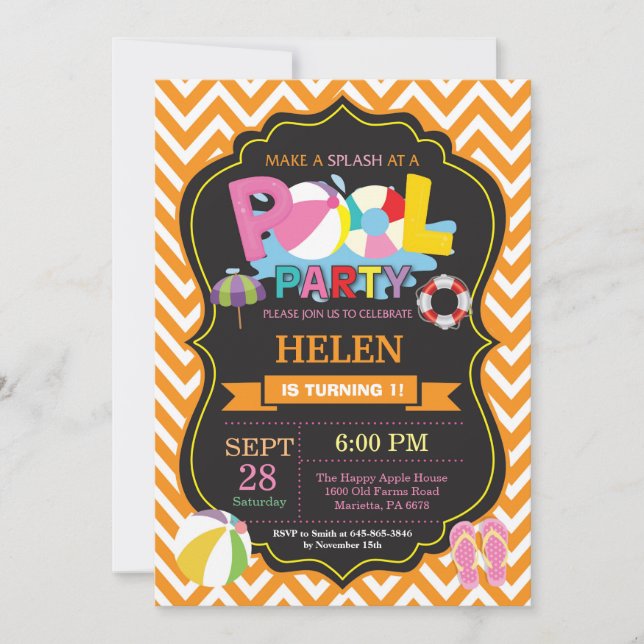 Pool Party Einladung Orange Splash Girl (Vorderseite)