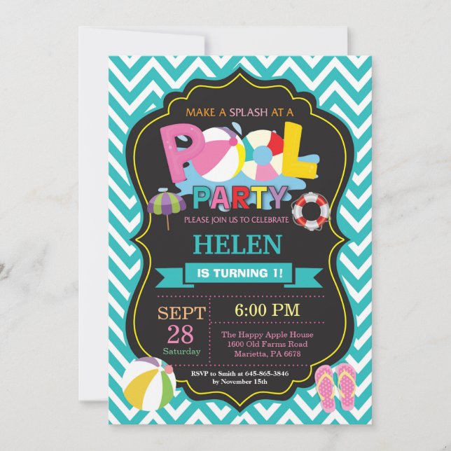 Pool-Party Einladungs-Aqua Splish Spritzen-Mädchen Einladung (Vorderseite)