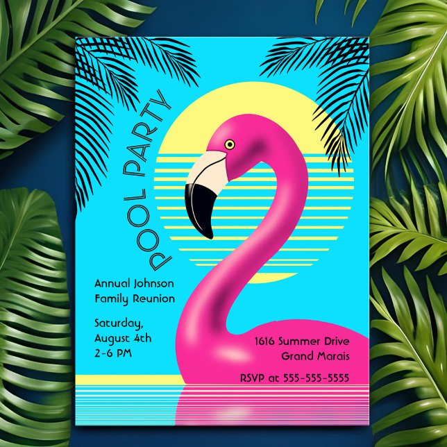 Pool Party Flamingo Float Retro Sommer tropisch Einladungspostkarte (Tropical flamingo summer family reunion invitation)