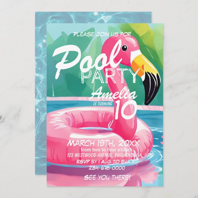 Pool Party Flamingo Girl 10. Geburtstag Einladung (Vorne/Hinten)