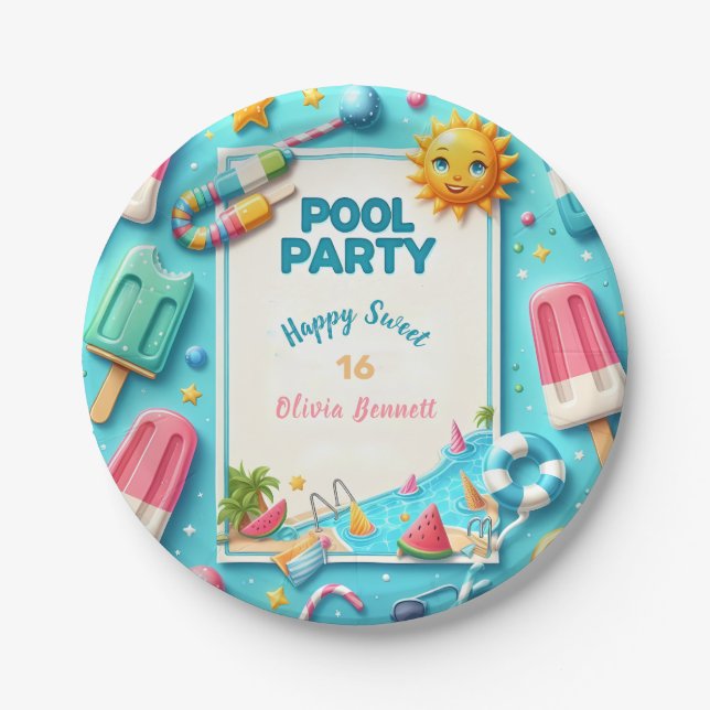 Pool Party Geburtstag 16 . Geburtstag Sommerschwim Pappteller (Vorderseite)