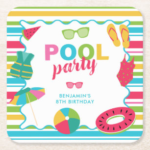 Pool Party Geburtstag Bunt Sommer Kinder Süß Rechteckiger Pappuntersetzer