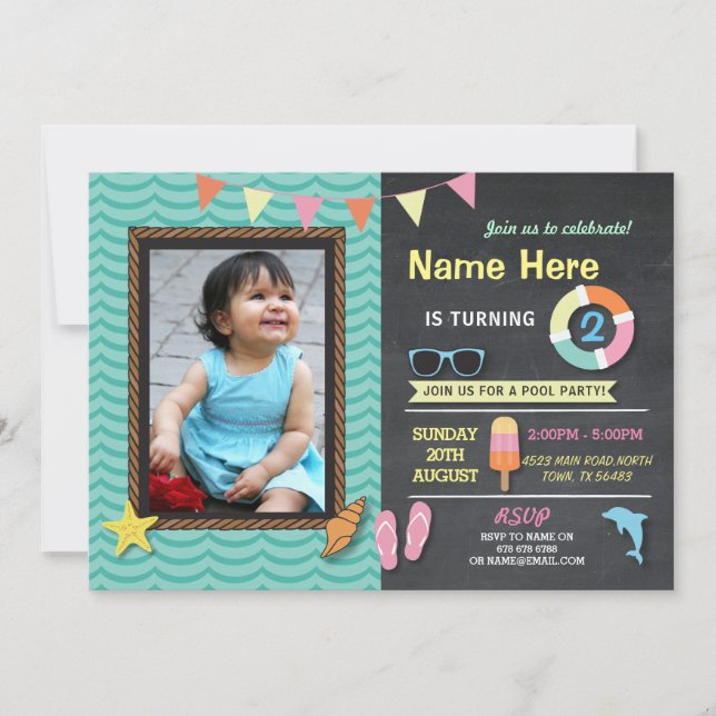Pool Party Geburtstag Foto Sommerminze laden Einladung (Vorderseite)