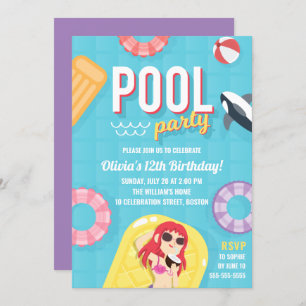 Pool Party Geburtstagseinladung   Blau Lila Einladung