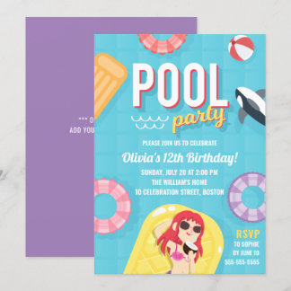 Pool Party Geburtstagseinladung | Blau Lila Einladung