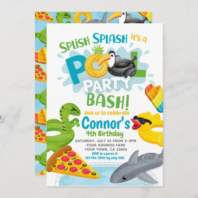Pool Party Geburtstagseinladung Einladung (Vorne/Hinten)