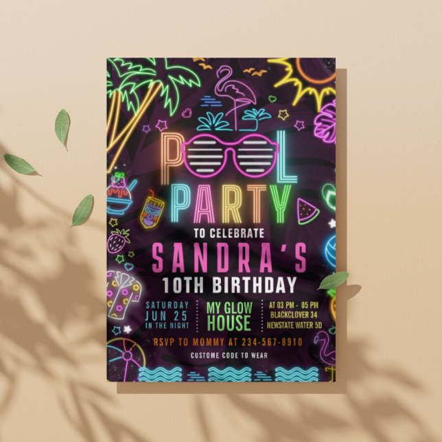 Pool Party Glühen Party bearbeitbare Einladung (Pool Party Glow Party Editable Invitation)