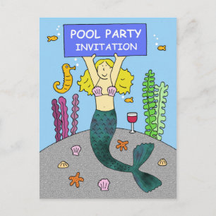 Pool Party Invitation Cartoon Mermaid Einladungspostkarte